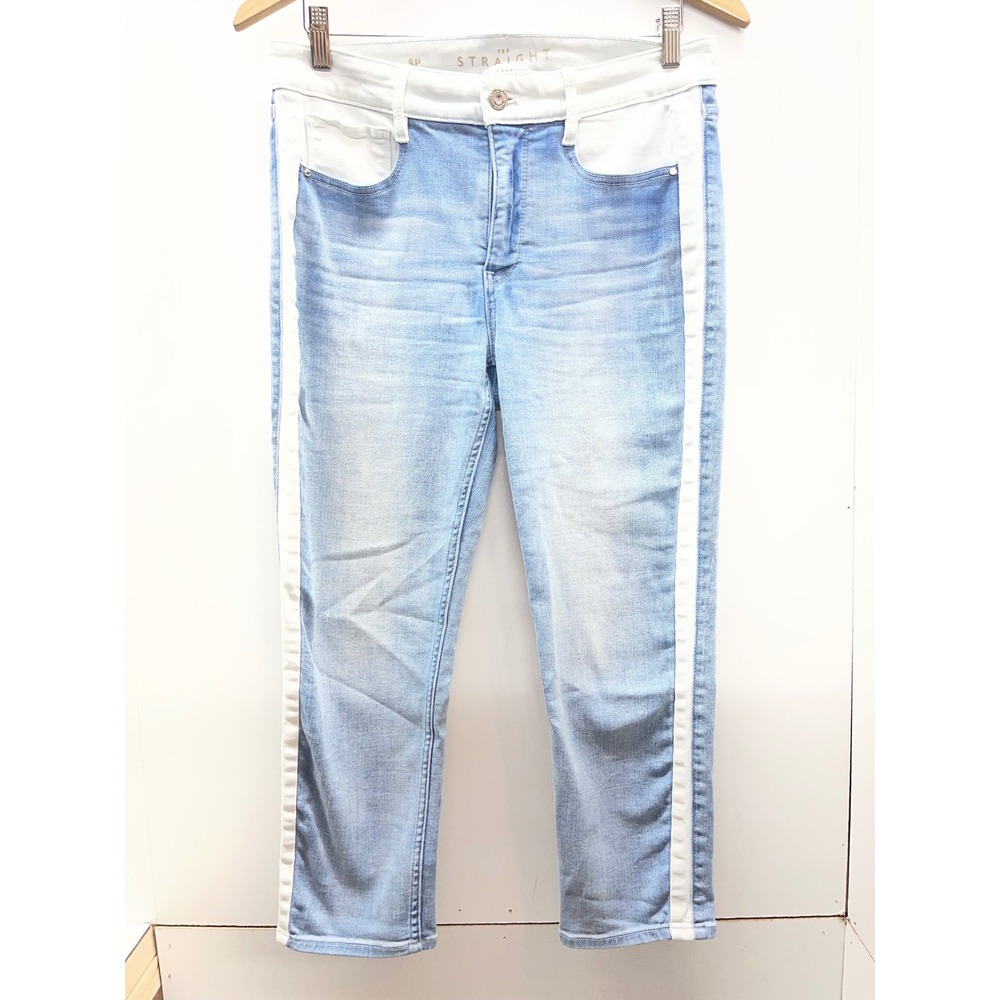 WHBM The‎ Straight Crop Jeans Light Wash White Stripe Petite 8P High Rise